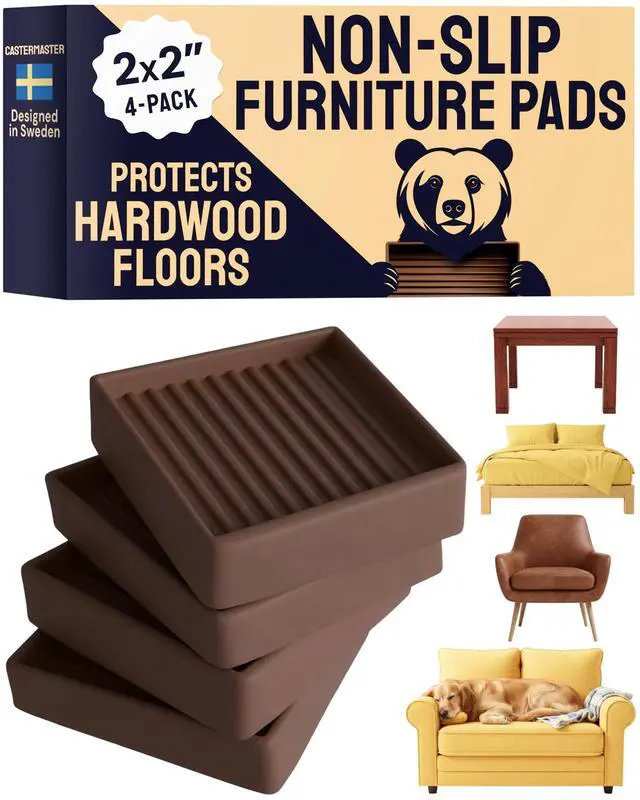 Alt view image 8 of 14 - Non-Slip Furniture Pads - 2x2 in Brown, 4 Pack | Rubber floor protectors & sliders - anti-skid - Use for chairs, beds & sofas on hardwood, vinyl & tile