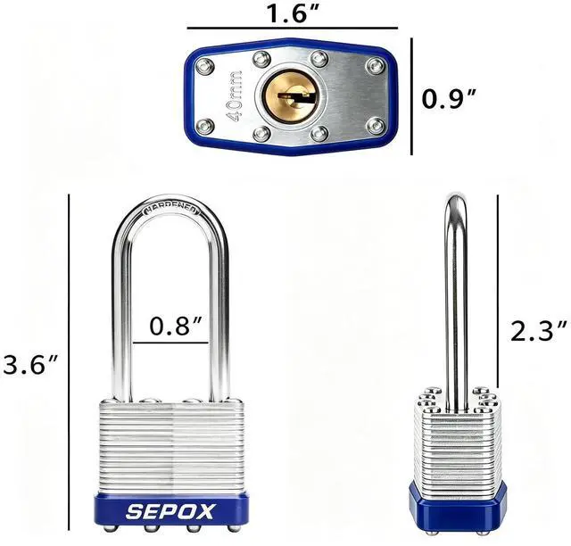 Alt view image 9 of 14 - ® Heavy Duty Outdoor Padlock Keyed-Alike 2-3/8" Extra Long Shackle 2PK | for Gate Shed Fence Truck Toolbox Locker Lock Body All Weather 1-9/16", 2PC Padlock with 4 Same Keys, Hardened Steel Shackle