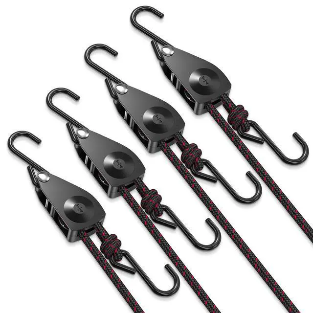 Alt view image 8 of 14 - Ratchet Tie Down Straps, 1/4" Adjustable Rope Hangers 4 Pack, 12FT Tie-Down | Hanger Pulley System for Grow Lamp Heavy Duty Grow Light Rope Hanger for Kayak, Grow Light Fixtures Gardening