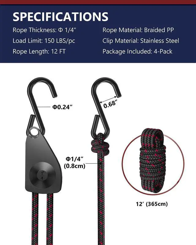 Alt view image 14 of 14 - Ratchet Tie Down Straps, 1/4" Adjustable Rope Hangers 4 Pack, 12FT Tie-Down | Hanger Pulley System for Grow Lamp Heavy Duty Grow Light Rope Hanger for Kayak, Grow Light Fixtures Gardening