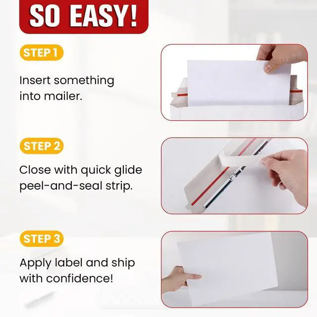 Alt view image 14 of 14 - 200 Pack 9X12 Inch Rigid Stay Flat Mailers, Self Seal Lightweight Cardboard Envelopes, White Photography Mailers for Photo, Document, Magazine & CD Mailing