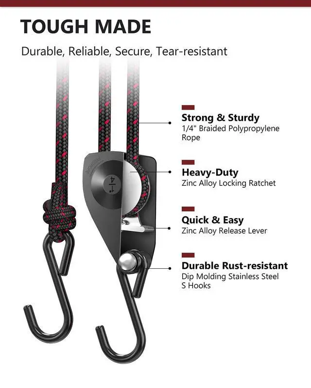 Alt view image 11 of 14 - Ratchet Tie Down Straps, 1/4" Adjustable Rope Hangers 4 Pack, 12FT Tie-Down | Hanger Pulley System for Grow Lamp Heavy Duty Grow Light Rope Hanger for Kayak, Grow Light Fixtures Gardening