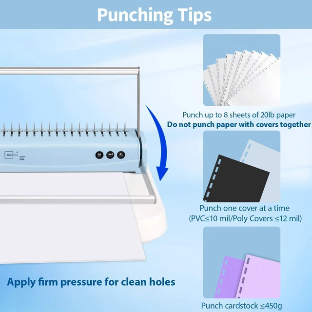 Alt view image 10 of 14 - Binding Machine, 19Hole, 145 Sheets, Fixed Margin, with Bonus Kit | Comb Binder, Punches 6-8 Sheets, Binds up to 145 Sheets, with 50 8Mil PVC Covers, 50 12Mil Polycovers and 50 1/2" Combs