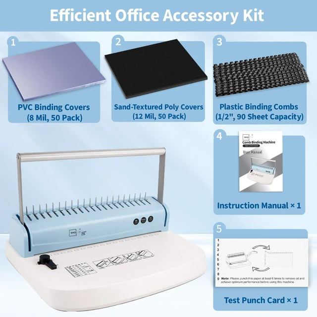 Alt view image 9 of 14 - Binding Machine, 19Hole, 145 Sheets, Fixed Margin, with Bonus Kit | Comb Binder, Punches 6-8 Sheets, Binds up to 145 Sheets, with 50 8Mil PVC Covers, 50 12Mil Polycovers and 50 1/2" Combs