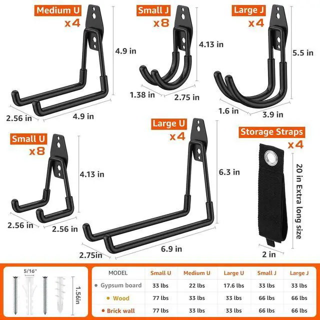 Alt view image 9 of 14 - 32-Pack Heavy Duty Wall Mount Garage Hooks | Hanging Storage For Ladders, Hoses, Bikes, Garden Tools, Ropes; For Yard, Warehouse, Workshop, Shed, Shop