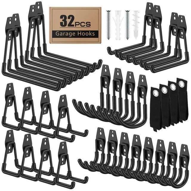 Alt view image 8 of 14 - 32-Pack Heavy Duty Wall Mount Garage Hooks | Hanging Storage For Ladders, Hoses, Bikes, Garden Tools, Ropes; For Yard, Warehouse, Workshop, Shed, Shop