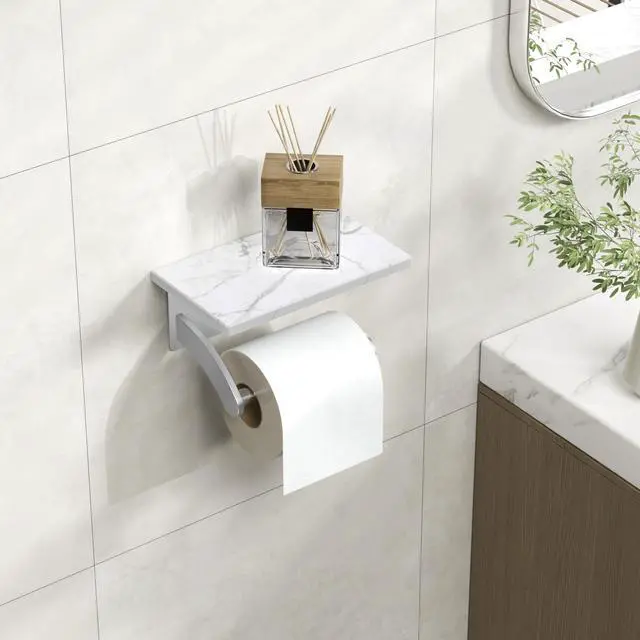 Alt view image 9 of 14 - Toilet Paper Holder with Shelf, Natural Marble, Commercial | Brushed Nickel, Wall Mount 304 Stainless Steel Commercial Bathroom Tissue Roll Dispenser, Heavy Duty Washroom Paper Storage
