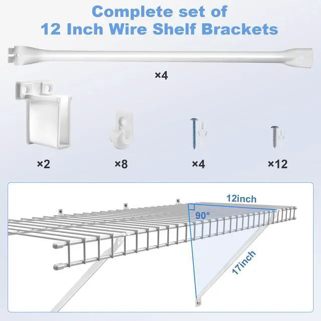 Alt view image 10 of 14 - 12 Inch Wire Shelf Brackets Set, 4 Pack Metal White Closet Support Bracket with End Brackets & Clips for Wire Shelving Wall Bracket Installation, Support Wire Closet Shelves Racks(4 Pack)