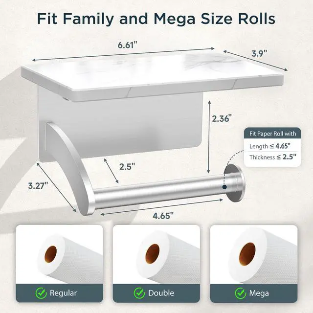 Alt view image 13 of 14 - Toilet Paper Holder with Shelf, Natural Marble, Commercial | Brushed Nickel, Wall Mount 304 Stainless Steel Commercial Bathroom Tissue Roll Dispenser, Heavy Duty Washroom Paper Storage