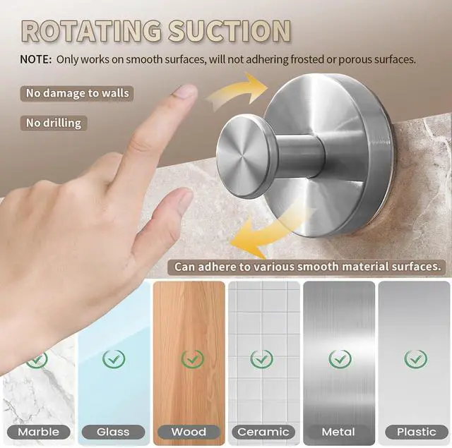 Alt view image 10 of 14 - 2026 Upgraded Drill-Free Stainless Steel Suction Cup Hooks Multi-Use | Suction Cup Hooks for Shower, Mirror, Wall, Bathroom, Glass, Hanging Towels - 4 Pack