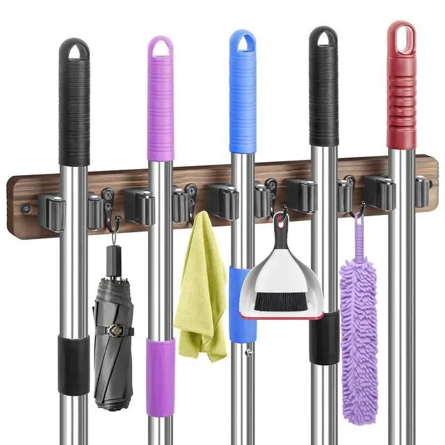 Alt view image 8 of 14 - Broom Holder Wall Mount, Rustic Broom Hanger for Laundry Room | Wood Broom and Mop Organization and Storage, Mop Holder for Home Decor, Garden, Garage, Closet, 5 Racks and 4 Hooks, Brown
