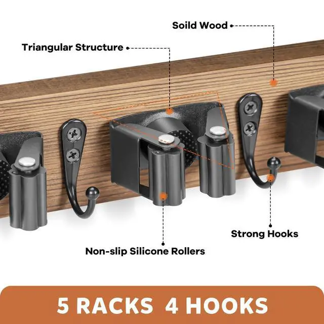 Alt view image 9 of 14 - Broom Holder Wall Mount, Rustic Broom Hanger for Laundry Room | Wood Broom and Mop Organization and Storage, Mop Holder for Home Decor, Garden, Garage, Closet, 5 Racks and 4 Hooks, Brown