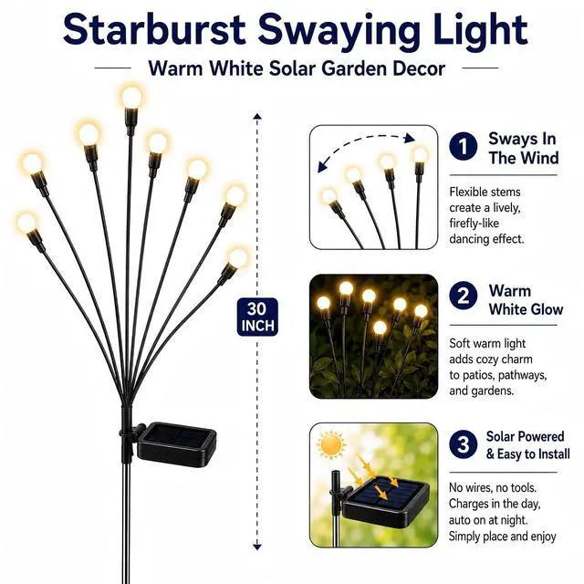 Alt view image 8 of 12 - Solar Garden Lights - Upgraded Solar Swaying Light, Sway by Wind, Outdoor Lights, Yard Patio Pathway Decoration, High Flexibility Iron Wire & Heavy Bulb Base, Warm White(2 Pack)