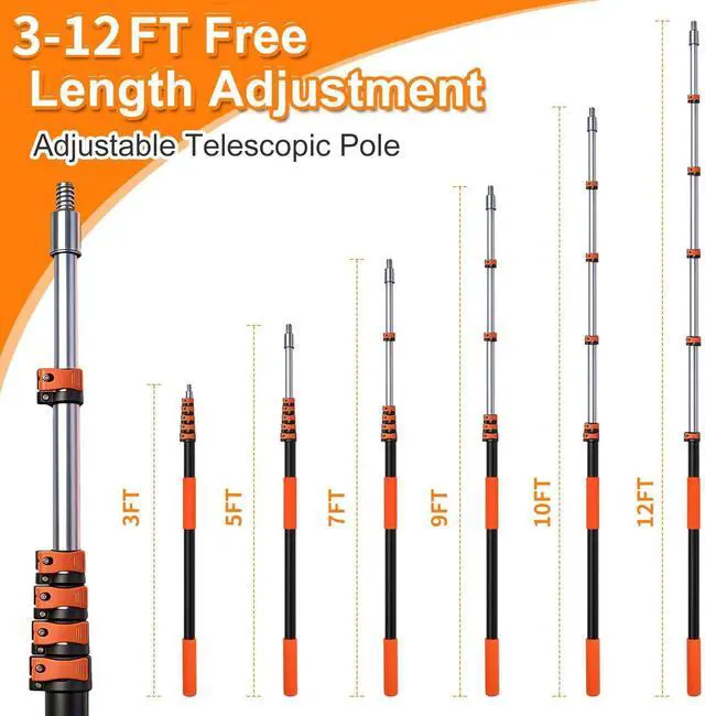 Alt view image 10 of 14 - 3-12FT Telescopic Extension Pole, Flip-Lock & Screw Dual Locking Extendable Pole, Multi-Purpose Paint Roller Extension Pole for Painting & Cleaning