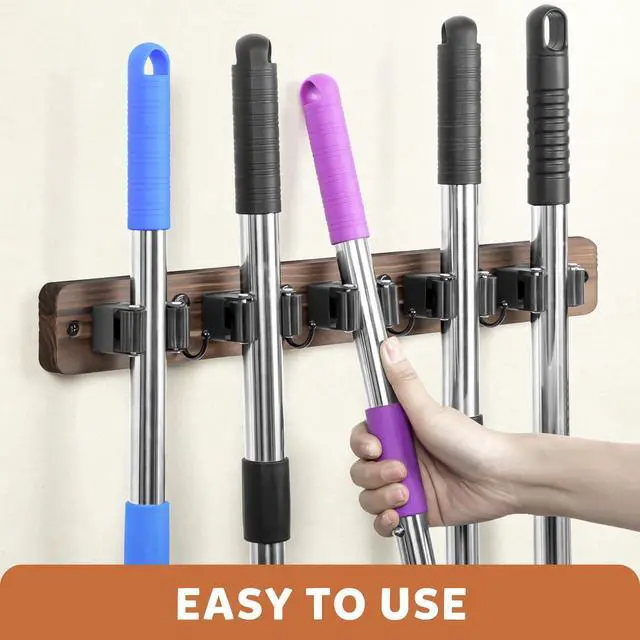 Alt view image 10 of 14 - Broom Holder Wall Mount, Rustic Broom Hanger for Laundry Room | Wood Broom and Mop Organization and Storage, Mop Holder for Home Decor, Garden, Garage, Closet, 5 Racks and 4 Hooks, Brown