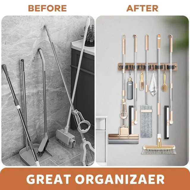 Alt view image 11 of 14 - Broom Holder Wall Mount, Rustic Broom Hanger for Laundry Room | Wood Broom and Mop Organization and Storage, Mop Holder for Home Decor, Garden, Garage, Closet, 5 Racks and 4 Hooks, Brown