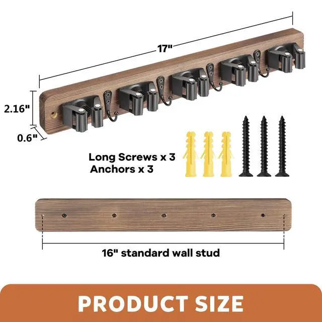 Alt view image 12 of 14 - Broom Holder Wall Mount, Rustic Broom Hanger for Laundry Room | Wood Broom and Mop Organization and Storage, Mop Holder for Home Decor, Garden, Garage, Closet, 5 Racks and 4 Hooks, Brown