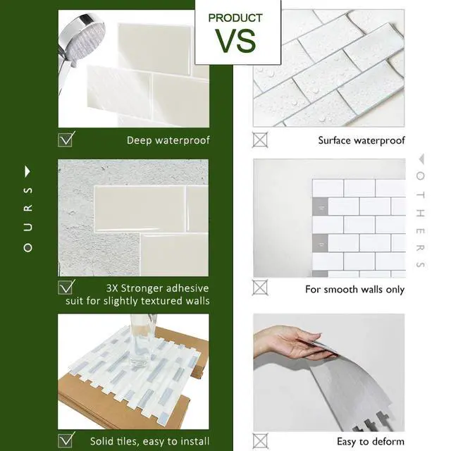 Alt view image 13 of 14 - 10-Sheet Subway Tile Peel and Stick Backsplash, Self Adhesive Vinyl Wall Tiles, Stick on Backsplash for Kitchen and Bathroom(Thicker Design)