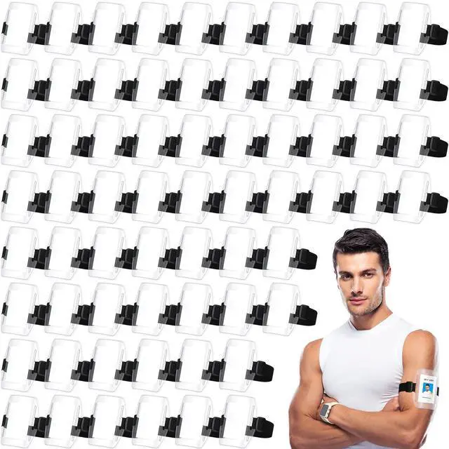 Alt view image 7 of 12 - 100 Pcs Arm Badge Armband Visibility PVC ID Card Holder with Adjustable Strap Fastener Armband Pass Clear Display Name Tag Holder for Work Ski Postcard Pass Universal Size(Black)