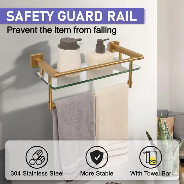 Alt view image 10 of 14 - Bathroom Glass Shelf Brushed Gold Finish with Towel Rack, SUS304 Stainless Steel, 16-inch Tempered Glass Shelves for Wall