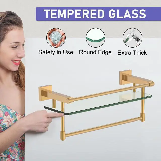 Alt view image 11 of 14 - Bathroom Glass Shelf Brushed Gold Finish with Towel Rack, SUS304 Stainless Steel, 16-inch Tempered Glass Shelves for Wall