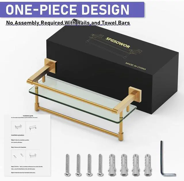 Alt view image 12 of 14 - Bathroom Glass Shelf Brushed Gold Finish with Towel Rack, SUS304 Stainless Steel, 16-inch Tempered Glass Shelves for Wall