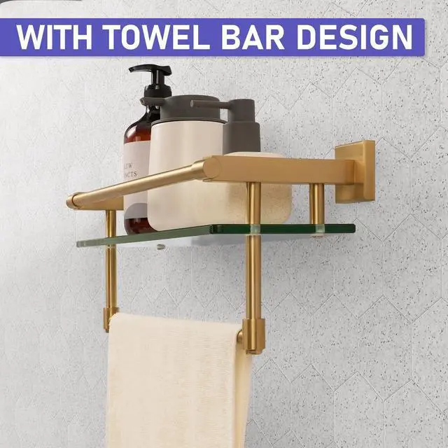 Alt view image 14 of 14 - Bathroom Glass Shelf Brushed Gold Finish with Towel Rack, SUS304 Stainless Steel, 16-inch Tempered Glass Shelves for Wall