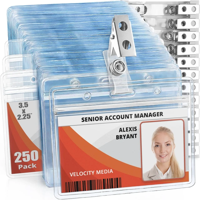 Alt view image 8 of 14 - 2.25x3.5 Horizontal ID Name Badge Holder w/Clip & Straps - 250 Pack | clear plastic identification name tag holders with metal bulldog clips and vinyl snap straps, soft edge, zipper seal