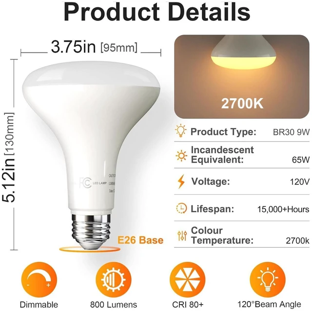 Alt view image 9 of 14 - 12 Pack BR30 Flood Light Bulb Indoor, Soft White Recessed Light Bulbs | 65W Equivalent, Dimmable, 2700K Warm White, E26 Base Can Light Bulbs for Kitchen Ceiling, Replacement Incandescent, 9W, 800LM