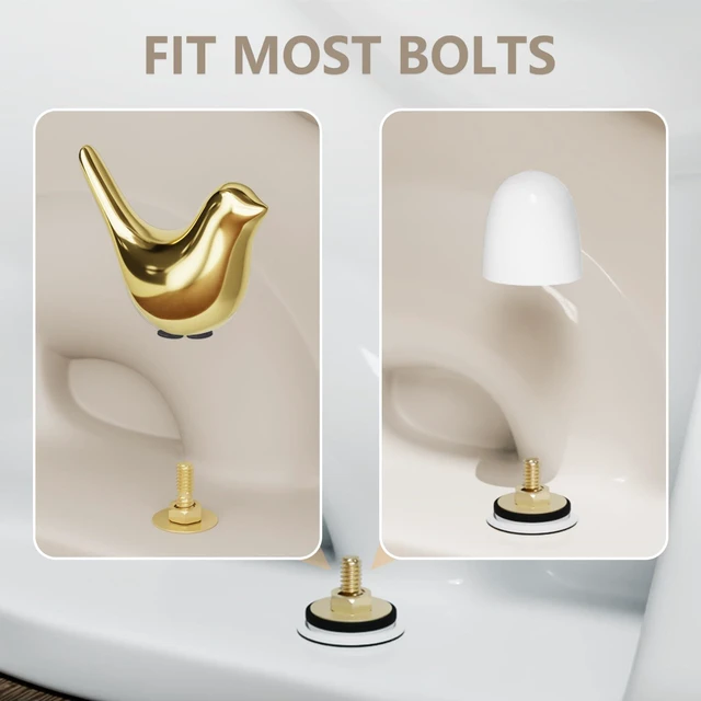 Alt view image 8 of 12 - Ceramic Gold Bird Toilet Bolt Covers, 2 Birds and 4 Plastic Caps | Bathroom Decor Hides Floor Bolts, 0.5 in Base Opening, Fits Bolts up to 1.18 in High, Peel & Stick, Place-Over Installation