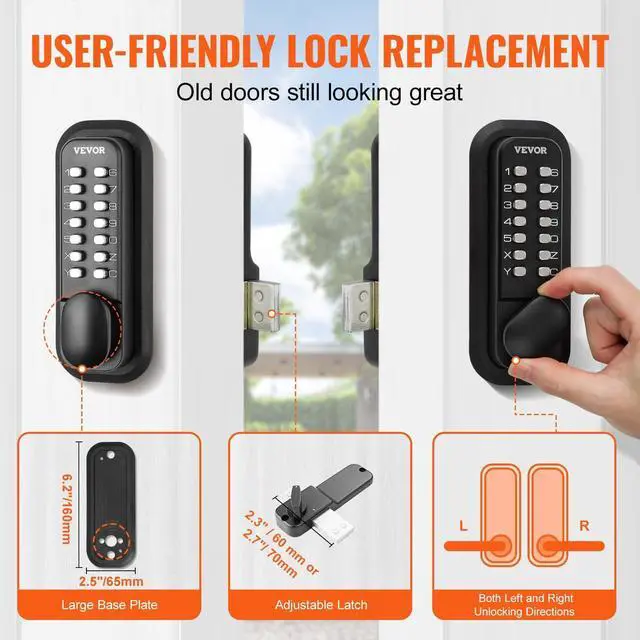 Alt view image 12 of 14 - Mechanical Keyless Entry Door Lock, 14 Digit Keypad, Outdoor Gate Door Locks Set with Surface-Mounted Latch, Water-Proof Zinc Alloy, Keypad and Knob, Easy to Install, for Garden, Garage, Yard