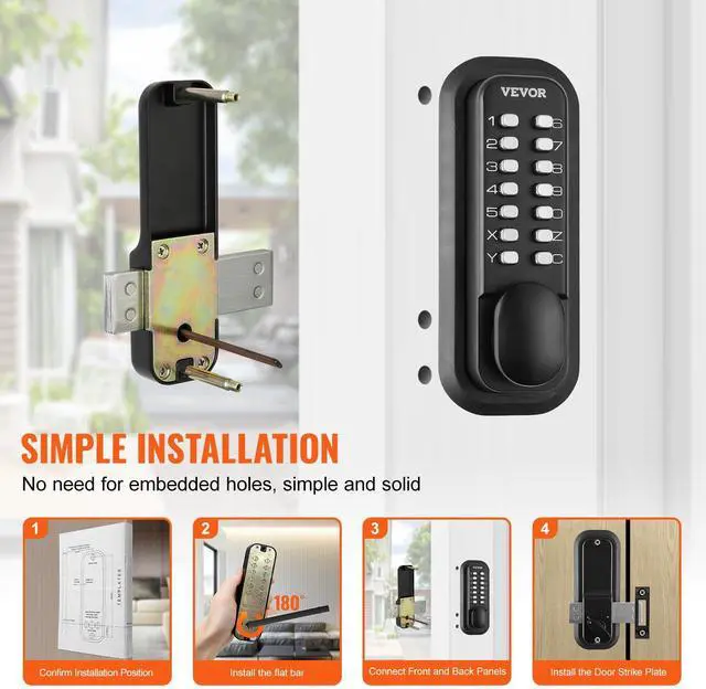 Alt view image 13 of 14 - Mechanical Keyless Entry Door Lock, 14 Digit Keypad, Outdoor Gate Door Locks Set with Surface-Mounted Latch, Water-Proof Zinc Alloy, Keypad and Knob, Easy to Install, for Garden, Garage, Yard