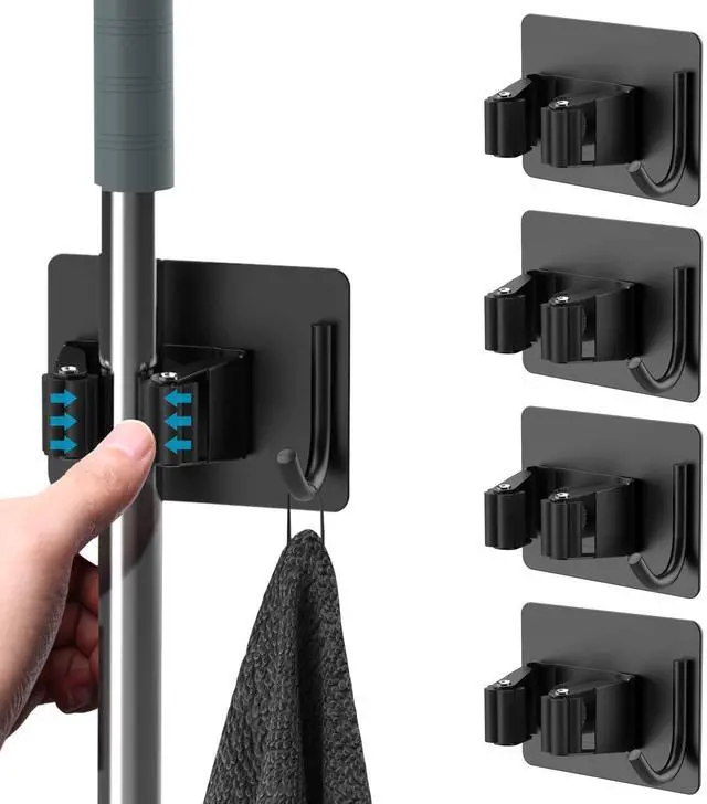 Alt view image 8 of 14 - Broom Holder Wall Mount 4Pcs, Self Adhesive Mop Broom Hanger Black | Self adhesive stainless steel broom organizer with 4 hooks, holds mops, brooms and garden tools without drilling