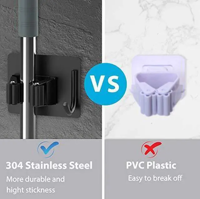Alt view image 9 of 14 - Broom Holder Wall Mount 4Pcs, Self Adhesive Mop Broom Hanger Black | Self adhesive stainless steel broom organizer with 4 hooks, holds mops, brooms and garden tools without drilling