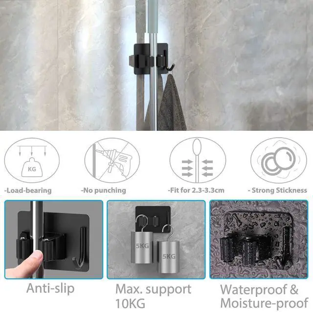 Alt view image 10 of 14 - Broom Holder Wall Mount 4Pcs, Self Adhesive Mop Broom Hanger Black | Self adhesive stainless steel broom organizer with 4 hooks, holds mops, brooms and garden tools without drilling