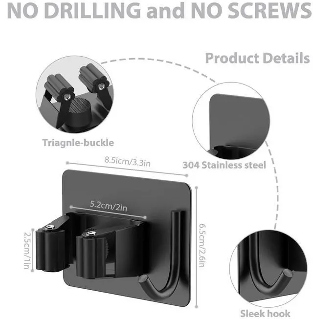 Alt view image 11 of 14 - Broom Holder Wall Mount 4Pcs, Self Adhesive Mop Broom Hanger Black | Self adhesive stainless steel broom organizer with 4 hooks, holds mops, brooms and garden tools without drilling