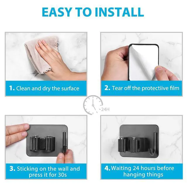 Alt view image 13 of 14 - Broom Holder Wall Mount 4Pcs, Self Adhesive Mop Broom Hanger Black | Self adhesive stainless steel broom organizer with 4 hooks, holds mops, brooms and garden tools without drilling