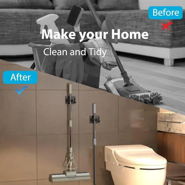 Alt view image 14 of 14 - Broom Holder Wall Mount 4Pcs, Self Adhesive Mop Broom Hanger Black | Self adhesive stainless steel broom organizer with 4 hooks, holds mops, brooms and garden tools without drilling