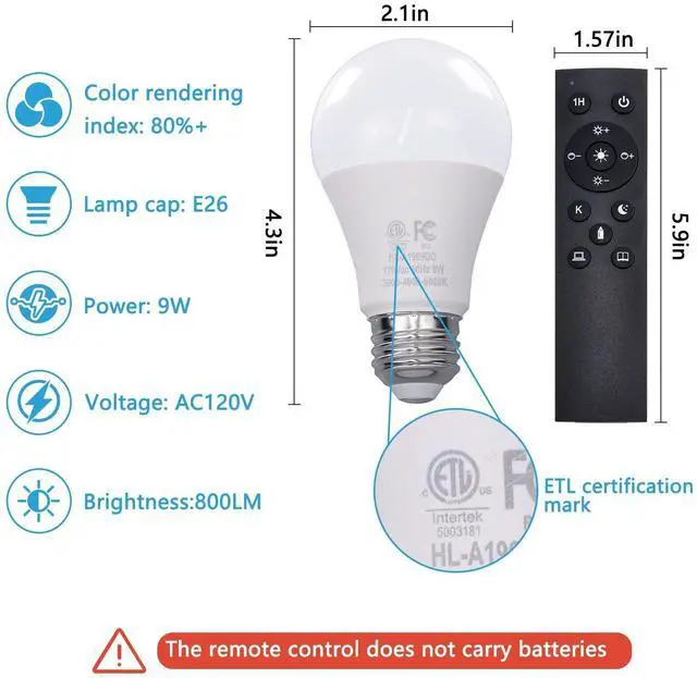 Alt view image 9 of 12 - A19 LED Remote Control Bulbs, 800LM 9W, Equivalent to 60W Bulbs, Dimmable Bulb with Remote Control 3000K-6000K, E26 Base, CRI 80+,2.4GHz, Lifespan Over 25,000 Hours (9W-1 Remote-3 Bulb)
