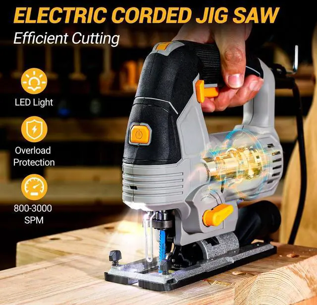 Alt view image 9 of 14 - 6.7-Amp Jig Saw Corded: Electric Jigsaw Tool Power Jig Saws for Wood Cutter with 6 Variable Speed Up to 3000 SPM, 4 Orbital Settings, LED Light & ±45° Bevel Cutting, Tool-Free Blade Change