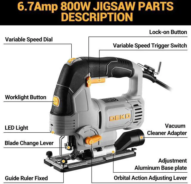Alt view image 13 of 14 - 6.7-Amp Jig Saw Corded: Electric Jigsaw Tool Power Jig Saws for Wood Cutter with 6 Variable Speed Up to 3000 SPM, 4 Orbital Settings, LED Light & ±45° Bevel Cutting, Tool-Free Blade Change