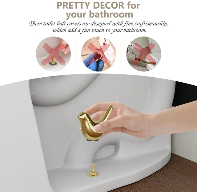 Alt view image 11 of 12 - Ceramic Gold Bird Toilet Bolt Covers, 2 Birds and 4 Plastic Caps | Bathroom Decor Hides Floor Bolts, 0.5 in Base Opening, Fits Bolts up to 1.18 in High, Peel & Stick, Place-Over Installation