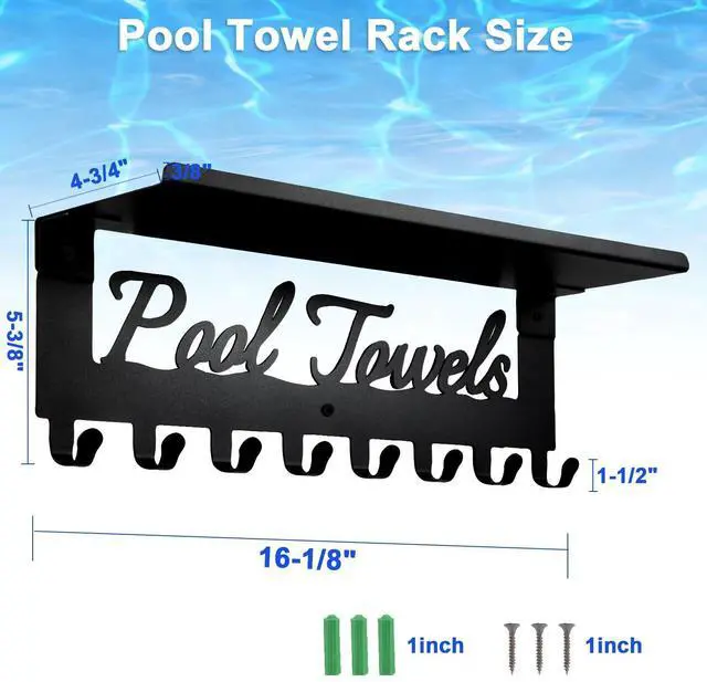 Alt view image 9 of 14 - Pool Towel Racks with Shelf 8 Hooks for Pool Bathroom Wall Mount Towel Hooks Towel Holder Carbon Steel Hanger Organizer Pool Accessories Outdoor for Robe,Towel,Coat,Swimsuit,Bag,Keys