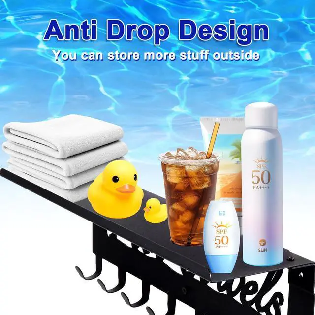 Alt view image 12 of 14 - Pool Towel Racks with Shelf 8 Hooks for Pool Bathroom Wall Mount Towel Hooks Towel Holder Carbon Steel Hanger Organizer Pool Accessories Outdoor for Robe,Towel,Coat,Swimsuit,Bag,Keys