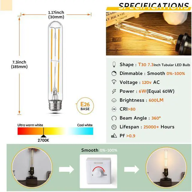 Alt view image 8 of 12 - Tubular Light Bulb 7.3 Inch Dimmable T10 LED Bulb E26 6W 60 Watts | Edison Bulbs 2700K Solf White,185mm Long for Wall Sconces, Pendant, Livingroom, 4-Pack