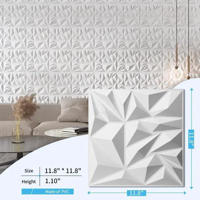 Alt view image 11 of 14 - 33-Pack Modern Diamond Textured 3D Wall Panels, 12 x 12 in, White | Light PVC, Waterproof, Scratch Proof, Decorative Wall, Ideal for Home, Office & Commercial Spaces