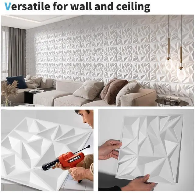 Alt view image 12 of 14 - 33-Pack Modern Diamond Textured 3D Wall Panels, 12 x 12 in, White | Light PVC, Waterproof, Scratch Proof, Decorative Wall, Ideal for Home, Office & Commercial Spaces