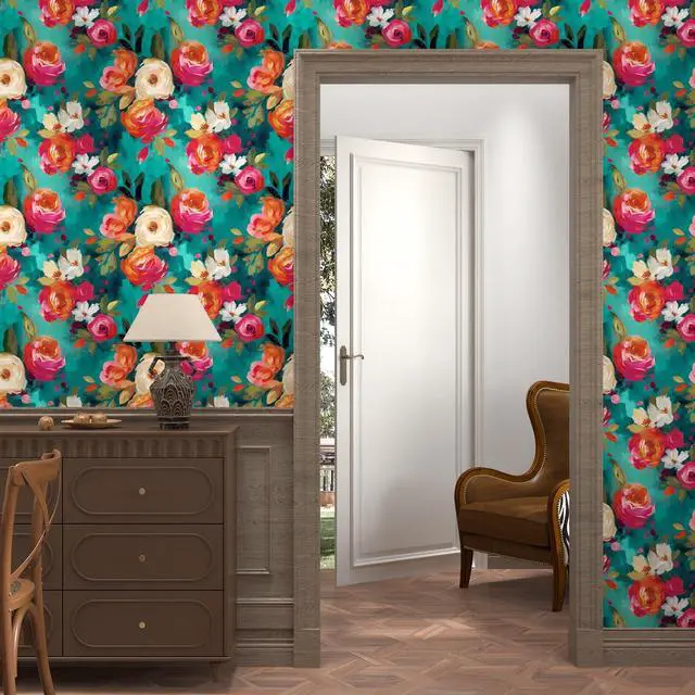 Alt view image 8 of 12 - Floral Wallpaper Peel and Stick Boho Teal Blue 17.5 x 118In | Removable Self Adhesive Renter Friendly Vibrant Watercolor Wall Paper for Bedroom Bathroom Living Room Feature Accent Wall