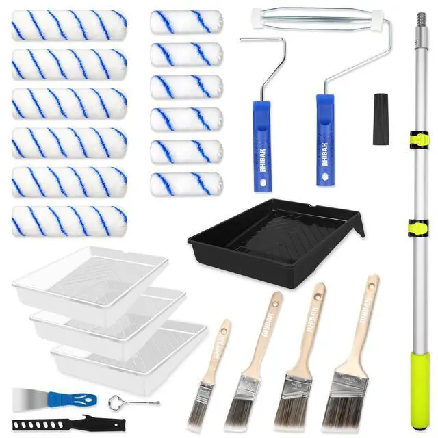 Alt view image 8 of 14 - Paint Roller Kit with Extension Pole, 27 Piece Set, 2 to 4 Ft Pole, 4"9" Paint Rollers, Paint Brushes Set for Professional Painting,House Paint Roller for All Latex and Oil Paints & Stains