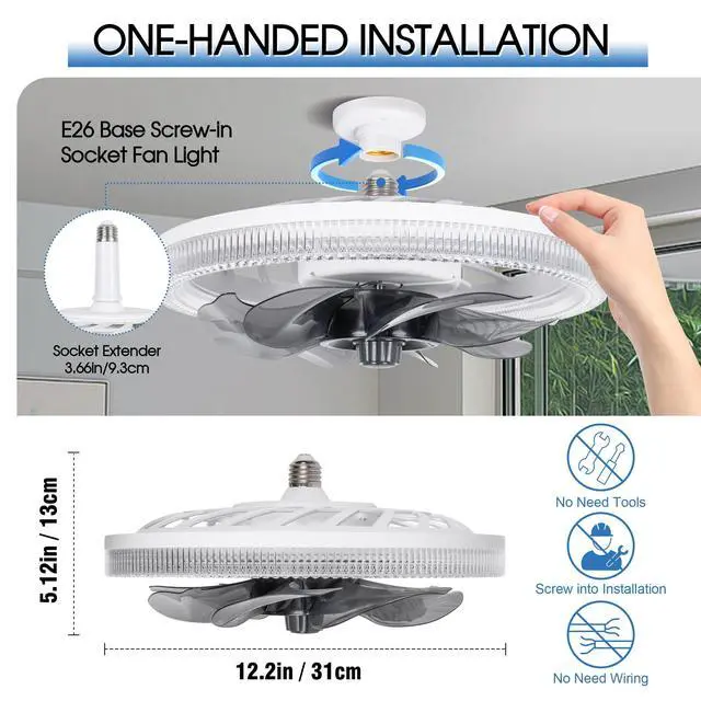 Alt view image 8 of 12 - Socket Ceiling Fan Light,Bulb Socket Fan with Remote,Dimmable E26 Base Ceiling Fans with Lights for Bedroom,Screw in Fan and Light Combo,Mini Small Ceiling Fan with Light,Recessed Light Fan Lamp